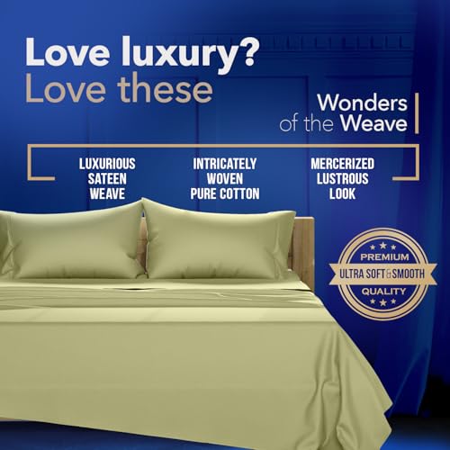 Image of TEXAS LINEN CO. 100% Egyptian Cotton Sheets Queen Size - Luxury 1000 Series Lonestar Lovin' Collection Bed Sheets Queen Size Set (4 PC, Sage Green), Cooling, 16 inch Deep Pocket, Sateen Weave Hotel Sheets