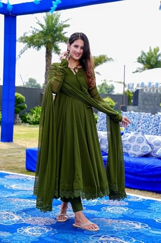 Image of ESTELA Women's Solid Pattern Faux Georgette Anarkali Kurta Pant Dupatta Set with Long Sleeve V-Neck Calf Length Gaipure Lace Border and Pull On Closure Type | Flair Suit For Womens