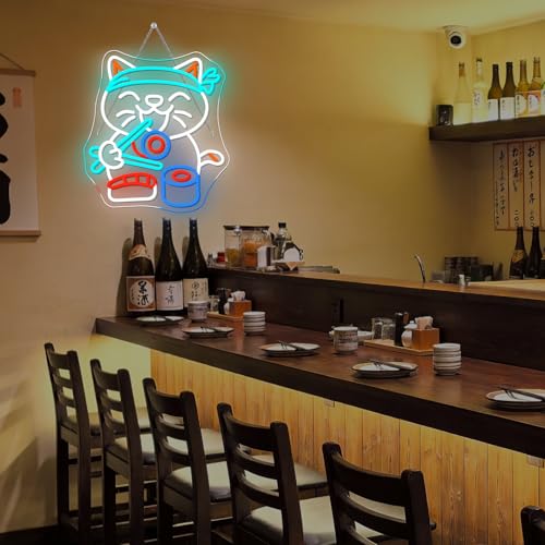 Image of Lucky Sushi Cat Neon Sign Japan Wall Light Gift for Restaurants Decoration | 13.8in*12.6in,Adjustable brightness (5 levels),Powered by USB,Applicable to Ramen Restaurants,Kitchen Home Party,Snack,Bar