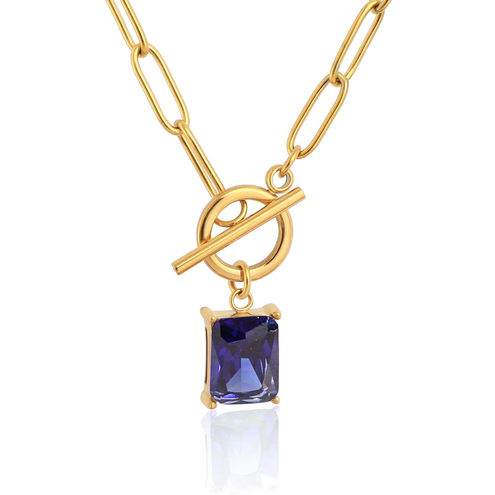 TaYolnFaSo Goldene Büroklammer-Kette mit Naturstein/Smaragdschliff, Geburtsstein-Anhänger, Büroklammer-Kette, Halskette mit Büroklammer-Schmuck, Geburtstagsgeschenk für Frauen