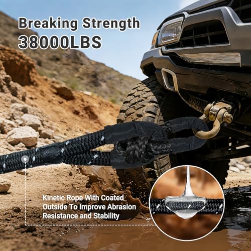 Image of Kinetic Recovery Tow Rope 5 /8 inch x 20ft, 38000lbs Snatch Strap,Heavy Duty Stretch Nylon Towing Ropes with 2pcs Soft Shackles for Offroad Vehicle,Jeep, SUV, ATV, UTV