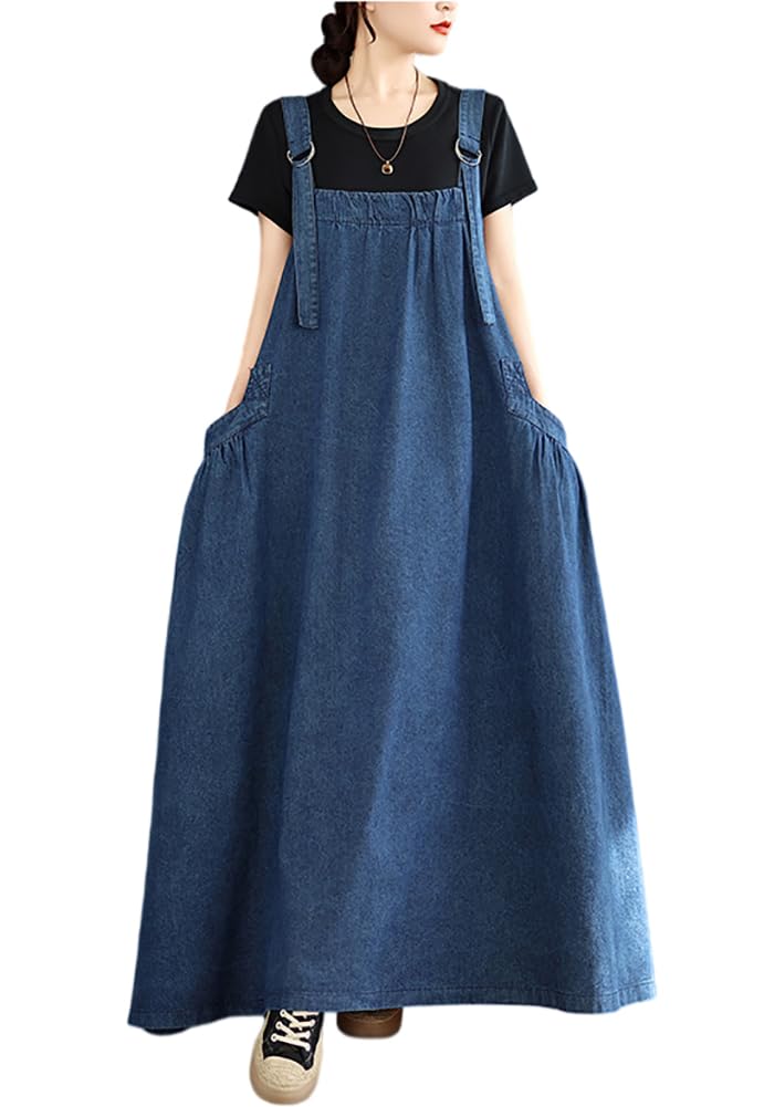 Boho Jumper Dress for Women Loose Overall Pinafore Dresses Adjustable Straps Wide Hemline with Pockets Baggy Style
