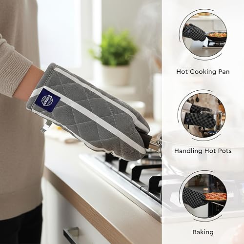 Image of Encasa XO 100% Cotton Apron Set for Women & Men with Adjustable Apron, Oven Gloves & Pot Holder (Pack of 3) Combo, Heat-Resistant, Soft & Durable for Cooking, Baking & Grilling (Roma Grey Stripes)
