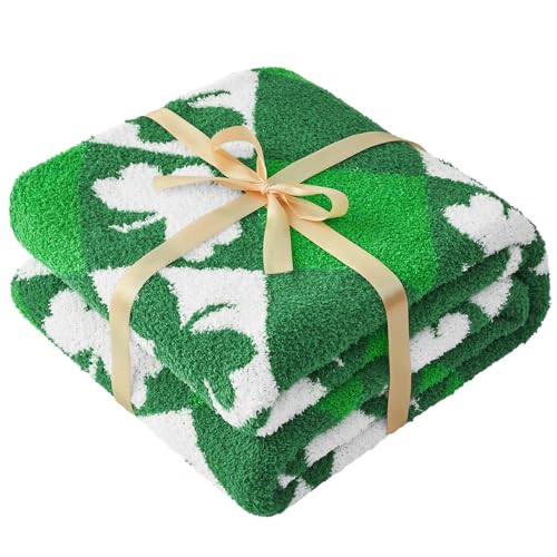 Image of CYMULA St. Patrick's Day Knit Throw Blanket - Super Soft Lightweight Plush Shamrock Clover Blanket for Couch, Bed, Sofa, 60 x 80 Inches, Irish Green