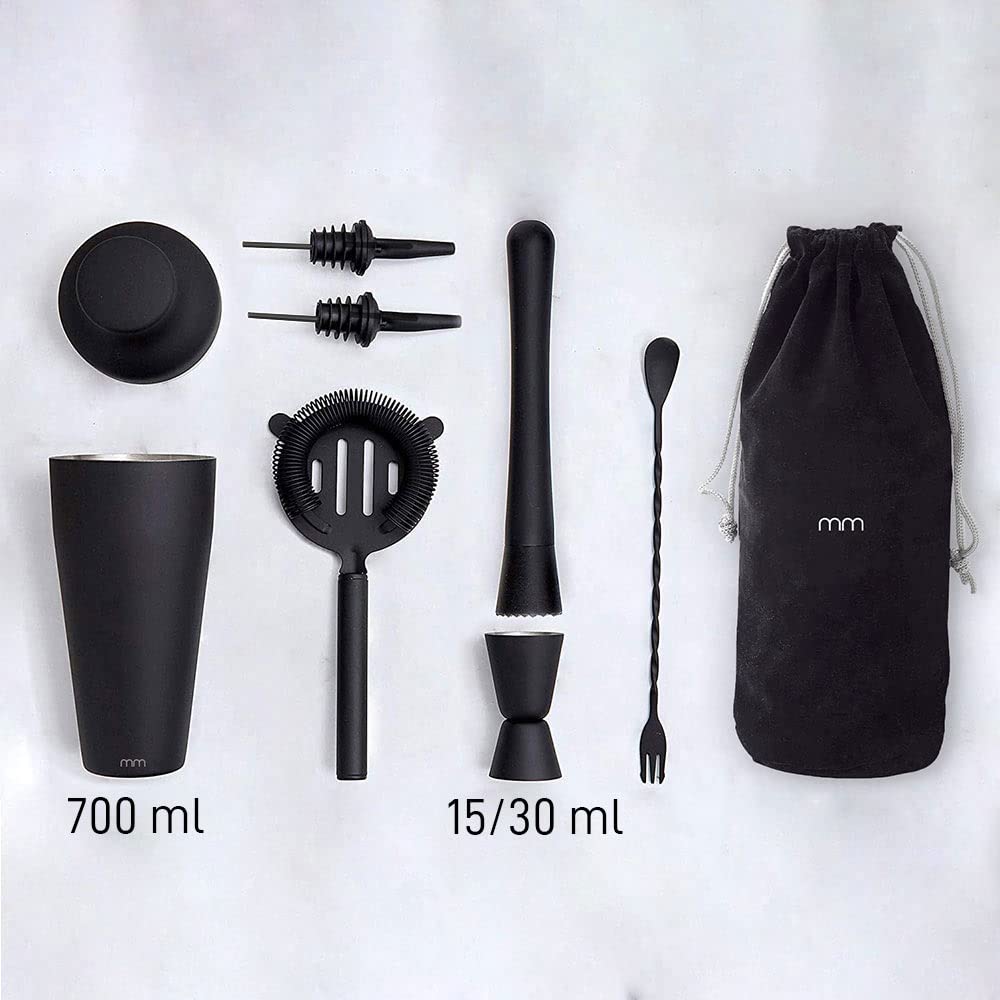 Mikamax – mm Cocktail Shaker Set – Cocktail Shaker Set – Coctelera – Juego De Cócteles Negro – Juego De 8 Piezas Negro Mate – Incluye Libro De Recetas