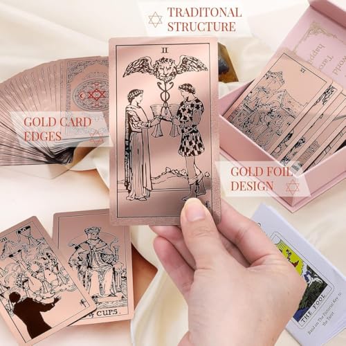 Image of AYME Rose Gold foil Tarot Cards Game with Guide Book, 78 Cards Tarot Deck for Beginners and Professional Player with Box Tarot PVC Durable Waterproof Wrinkle Resistant