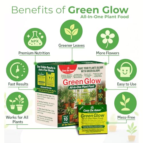 Image of Casa De Amor Green Glow- All In One Plant Food | Complete Nutrition with NPK & Micronutrients | For All Indoor, Outdoor, Balcony Plants | 10 Sachets (200g) | Fast Growth & Flowering