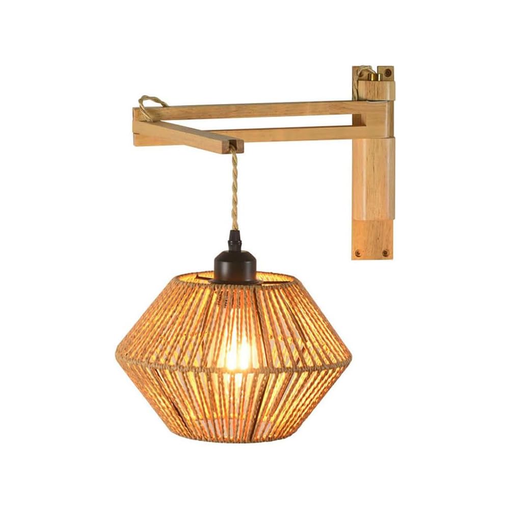 LOGT Wooden Wall Light with Swivel Arm, Rattan Wall Lamp, Adjustable Vintage Boho Lamp, Retro Industrial Bedside Lamplight, Creative Hand-Woven Long-arm Reading Light, E27, Living Room Lighting