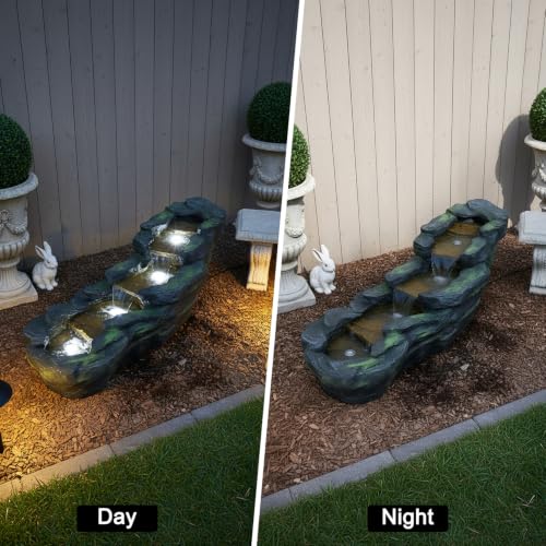 Image of SunJet Cascading Rock Outdoor Water Fountain with LED Lights - 41.3 inch Length Resin Stone Look Garden Waterfall Fountain, Freestanding Floor Fountain with UL Certified Pump for Patio Backyard Yard Decor