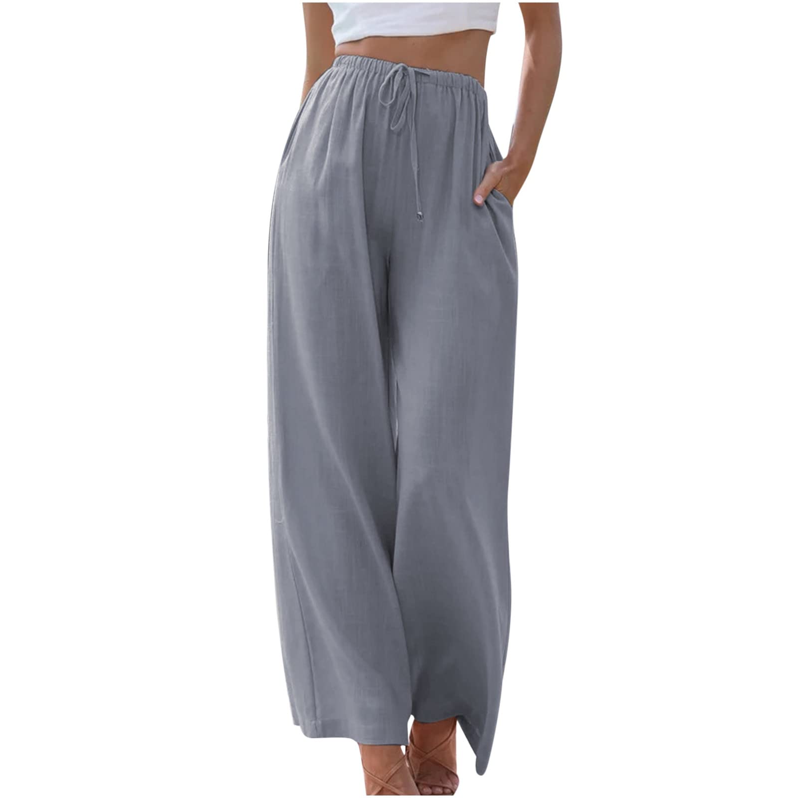 XUNRYAN Wide Leg Linen Pants Women Pockets Casual Drawstring High Waisted Athletic Pants Summer Trousers Travel Outfit