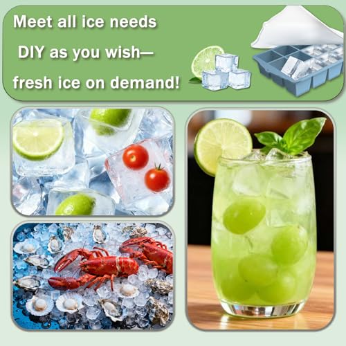 Ice Cube Trays for Freezer, 2 Pack Easy Release Slicone Ice Cube Tray with Lid, BPA Free Stackable Flexible Ice Molds 15 Square Reusable Ice Cubes for Whiskey, Baby Food, Iced Coffee (Blue)