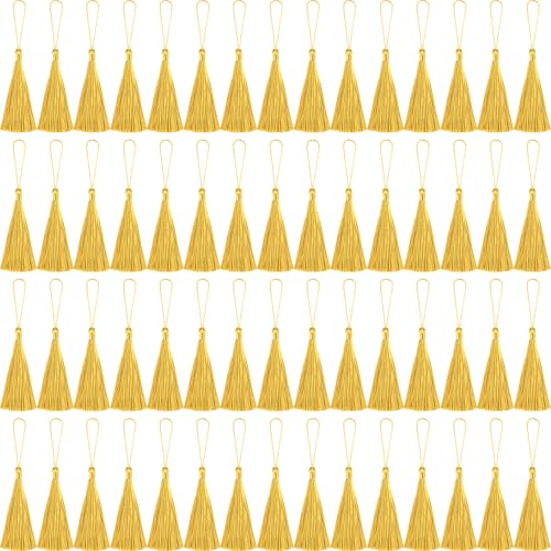 NEBURORA 120 Pcs Bookmark Tassels Bulk 13cm/5 Inch Gold Silky Handmade Soft Mini Tassel with Loops for Crafts Jewelry Keychain Making DIY Projects