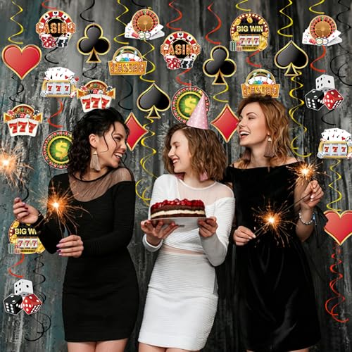 Image of 54Pcs Casino Theme Party Decorations Las Vegas Hanging Swirl Decorations Poker Dice Cutouts Ceiling Streamers for Red and Black Casino Poker Night Las Vegas Birthday Party Decorations Supplies