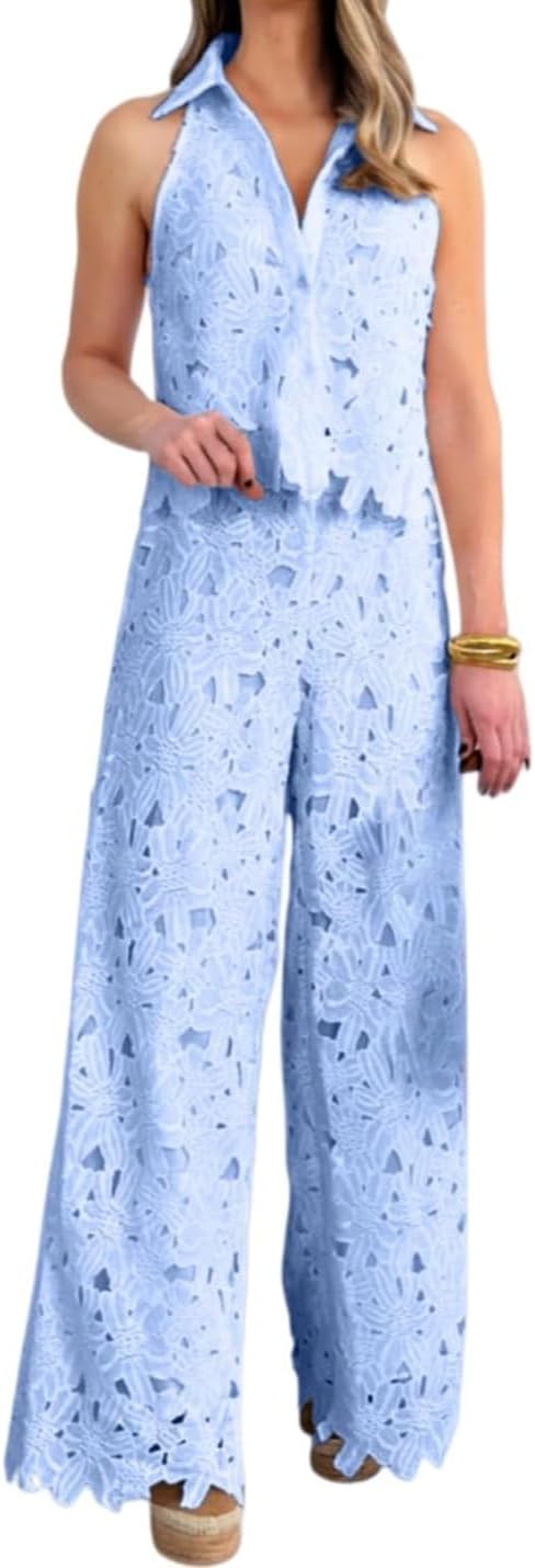 Hollow Out Lace Set, Women's Sleeveless Lapel Button Down Crop Top and Wide Leg Pants Two Piece Set, Womens Beach Clothes.