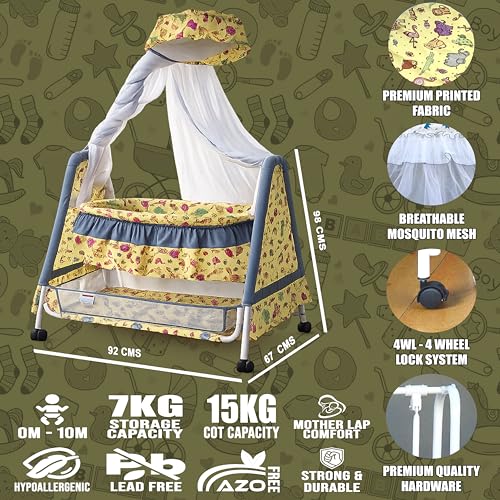 Image of Kiddery Athena Baby Cradle | Sleep Safely & Comfortably | Mosquito Net Protection | Lightweight & Compact Design | All-Wheel Lock | Unisex | 0-10 Months | Yellow