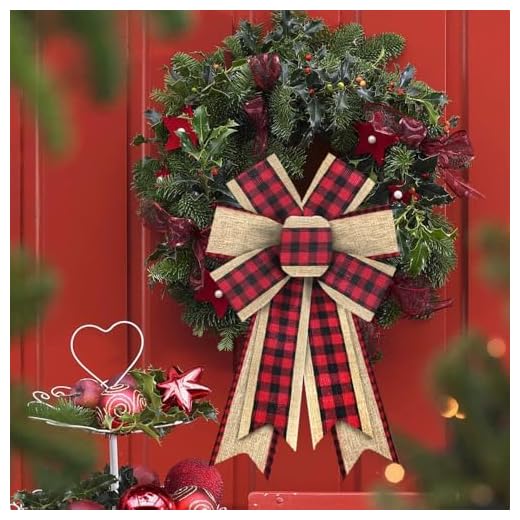 2 Pcs Christmas Wreath Bows Christmas Bows Red Brown Buffalo Plaid Burlap Bows for Wreaths, Christmas Ribbon Bows Tree Topper Bows for New Year Home Indoor Outdoor Decoration Wreath Ornament Supplies