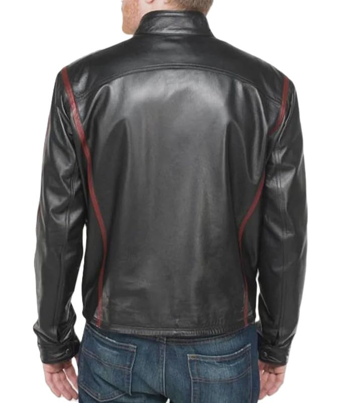 Chaqueta de piel para hombre, diseño de rayas granate, chaqueta de cuero para motocicleta