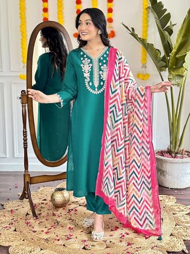 Image of Shiv Textiles Women's Chanderi Silk Embroidered Kurta Pant Dupatta Set(JDA-Lavina-Green-L)