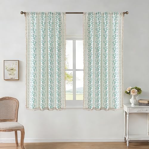Image of Boho Curtains for Living Room, Bedroom, 2 Panels Floral Farmhouse Vintage Tassel Semi Sheer Light Filtering Privacy,Teal Green,55 inch W x 63 inch L (Pack of 2)