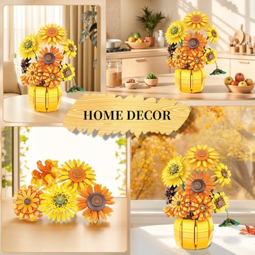 Image of Flowers Building Set for Adults Teens, Van Gogh Art Botanical Collection for Woman Girls 14+, Sunflower Pot Bouquet Plant Kit Compatible with Lego, Home Decor Valentines 1009PCS