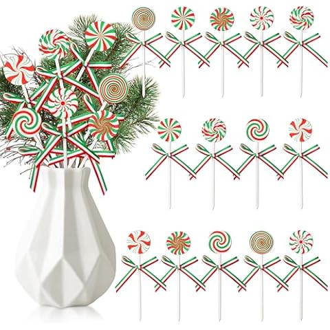 TICIAGA Christmas Double-sided Wooden Picks - 14PCS Christmas Candy Wooden Decorative Picks for Home Vase Filler Wooden Decorative Picks for House Decor Xmas Theme Decorations for Home, Red Green Cover