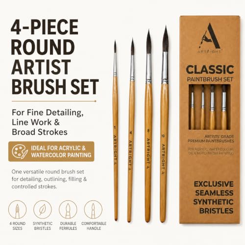 Image of Round Artist Paintbrush Set of 4Pcs, Natural Brown Handle Brushes for Fine Detailing, Line Work, Broad Strokes, Ideal for Acrylic, Watercolor Painting, Best for Beginner & Professional