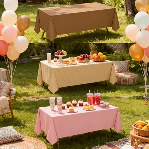 Image of CIEOVO 15 Pcs Boho Tablecloths, Gradient Brown Neutral Disposable Plastic Table Cover Waterproof Table Cloth for Birthday Bridal Baby Shower Wedding Party Tables Decoration Supplies