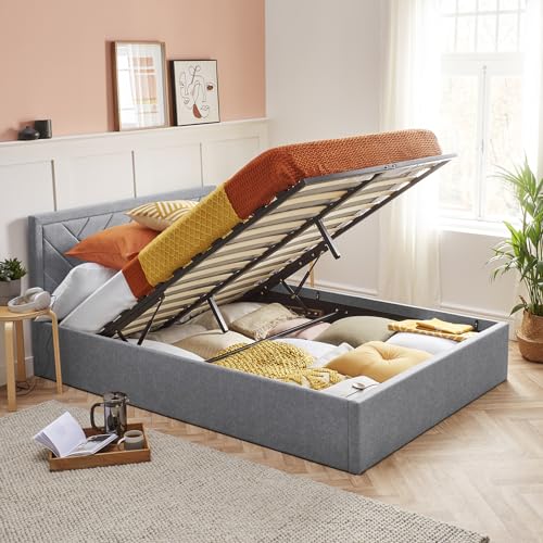 Home Treats Ottoman Bed Frame Double | Storage Bed 4ft6 | Grey Upholstered Bed With Storage 135 x 190 cm (No Mattress, Double).
