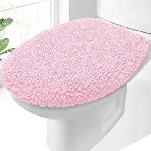OLANLY Soft Chenille Bathroom Toilet Lid Cover, 17.5x15, Pink