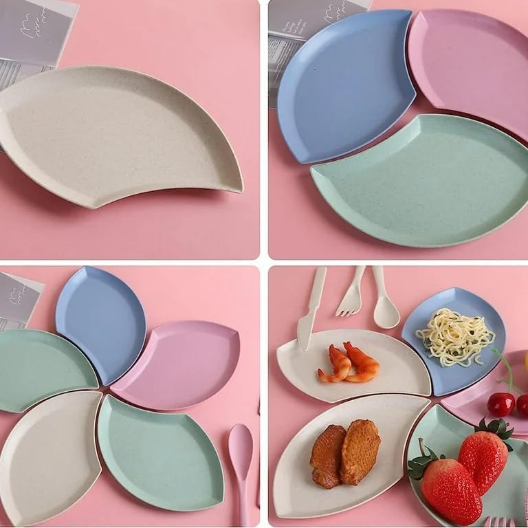 Image of Wheat Straw Flower Petal Shaped Snack Serving Plates (Set of 4) | Chips & Dip Appetizer Tray for Snacks, Desserts, Salad, Sushi & Dry Fruits | Microwave & Dishwasher Safe (Random Color)
