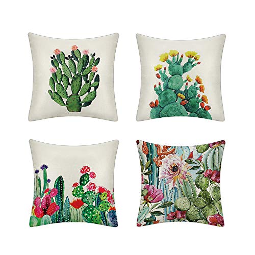MIGUOR Juego de 4 fundas de almohada decorativas de algodón y lino, cuadradas de plantas y animales, fundas de almohada para sofá, banco, cama, coche, 45 x 45 cm, Lino, Cactus-blanco, 18 x18