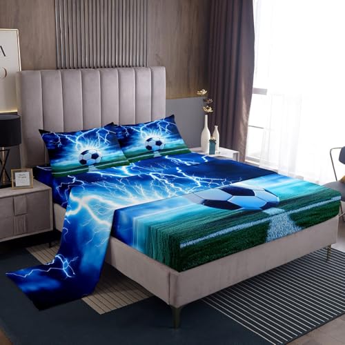 richhome Juego de ropa de cama con diseño de balón de fútbol, tamaño King, sábana bajera ajustable para niños, niñas y adolescentes, juego de sábanas transpirables, suaves y ligeras, regalo para los