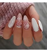 Christmas Press on Nails Medium Almond Fake Nails White Snowflake False Nails with Designs Rhines...