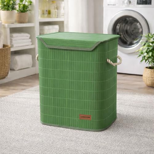 Image of Luxe Home Laundry Basket for Clothes, Premium Bamboo Big Storage Bag with Lid and Side Handle Multipurpose Used In Laundry Rooms, Bedrooms, Bathrooms (40x30x50 cm, Green)
