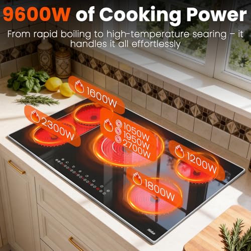 Image of Hobsir 36 Inch Built in Electric Cooktop, 9600W 5 Burner Electric Stove Top with BBQ Function & Triple Ring, 9-Level Power, 99Min Timer & Safety Lock, Cook Top with Glass Metal Frame, 220V Hardwired