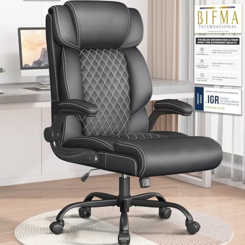 Cyzena Office Chair-Executive High Back Breathable Big and Tall Office Chair Flip-up Armrests Lumbar Support-Ergonomic Leather Rolling Swivel Chair with Rock Function for Working Studying Gaming,Black