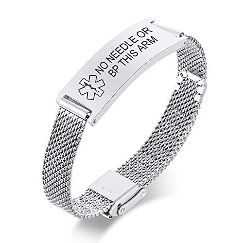 VNOX NO Needle OR BP This ARM Medical Alert Bracelets for Men & Women Kids with Adjustable Stainless Steel Mesh Emergency Medical ID Bracelets Wristband