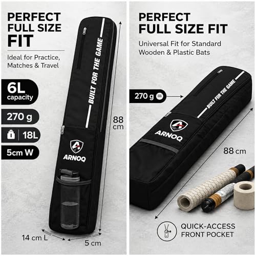 Image of Pro Cricket Bat Cover Full Size with Shoulder Strap, Water-Resistant & Lightweight, Quick Acess Pockets for Wooden & Plastic Bats (Black)