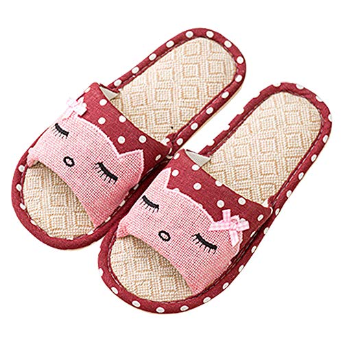 AioTio Pareja de Lino Zapatillas de casa de Estilo japonés niño Divertido Zapatillas de Dibujos Animados Transpirable Antideslizante luz de Fondo Regalo con Amor (36/37 EU,Vino Rojo)