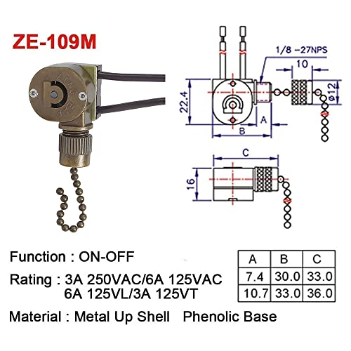 Image of Zing Ear ZE-109M Ceiling Fan 2 Wire Chain Switch Compatible with Hunter Ceiling Fan Light (Bronze)