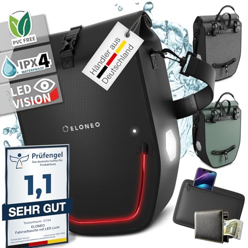 ELONEO Fahrradtasche für Gepäckträger mit LED Licht, 20L - 100% wasserdicht mit Tragegriff und Schultergurt, Fahrradtasche Ge