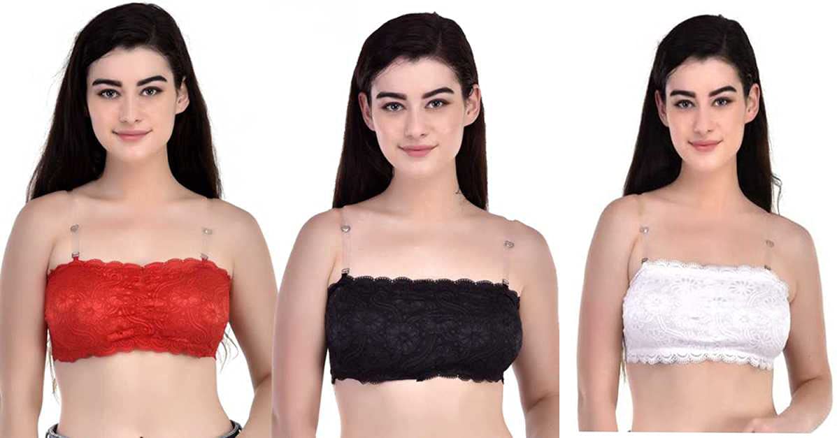 Women's Lace Padded Non-Wired Bandeau Bra Pack of 3 Best Size 28" to 32" (Black, White and Red Colour)