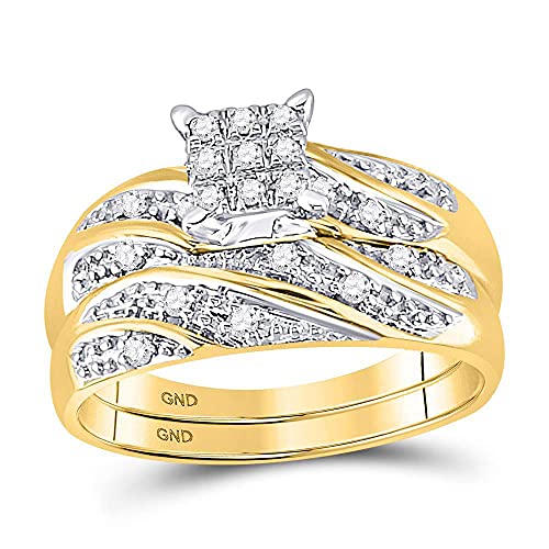 14k Yellow Gold Mens and Ladies Couple His & Hers Trio 3 Three Ring Bridal Matching Engagement Wedding Ring Band Set - Round Diamonds - Princess Shape Center Setting (1/4 cttw) - Please use drop down menu to select your desired ring sizes2