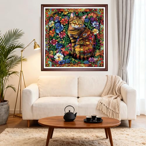 Image of DMCVIVR Stamped Cross Stitch Kits for Beginners Adults Needlepoint Kits for Beginners Embroidery Kits for Adults Crossstitch Kit for Beginners 11CT-Colorful Cat Flowers 18x18 inch
