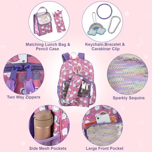 Image of Trail maker Girls 6 in 1 Backpack and Lunch Box Set for School with Pencil Case, Water Bottle, Keychain Attached for Kids, Sparkle Unicorns, Large, Casual