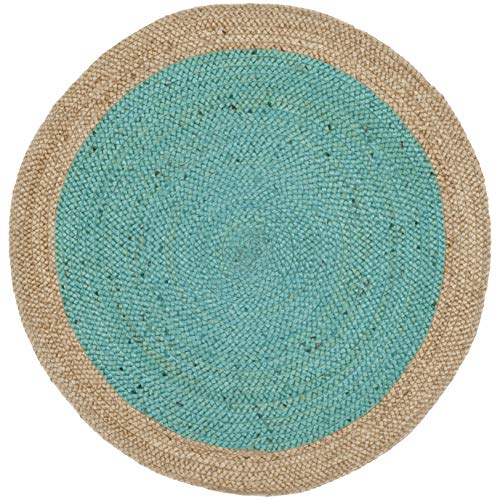 SAFAVIEH Natural Fiber Round Rug 3', Jute Textured Teal & Natural NF801E