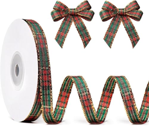 Zestjewel Red Green Tartan Ribbon - 10mm Christmas Tartan - 25 Yards Plaid Gold Edge Ribbon for Christmas Cards Crafting Gift Wrapping