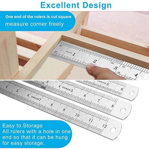 3Pcs Stainless Steel Ruler, Metal Ruler Set (6 8 12 Inch), Steel Ruler With Inch And Metric, Machinist Ruler, Metric Ruler, Imperial Ruler, For School, Office, Home, Engineer, Craft #TOP4