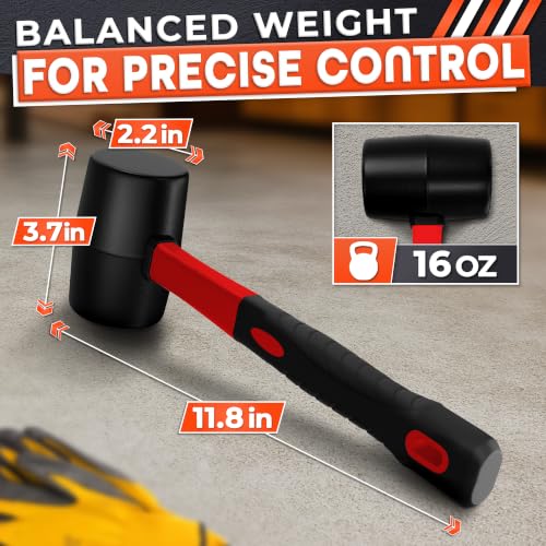 Image of Rubber Mallet Hammer 16 Oz, Soft Face Non-Marring Head (Red) | Heavy Duty Mallet with Anti-Vibration Non-Slip Grip; for Flooring, Cabinets, Trim, Woodworking, and Furniture Assembly