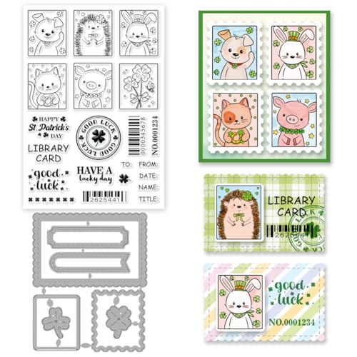 INFUNLY St Patrick Animal Stamps and Dies for Card Making Library Card Stamp and Die Label Die Cut Lucky Clover Stamp Bar Code Silicone Stamps for DIY Scrapbooking Journaling Album Decor Paper Crafts
